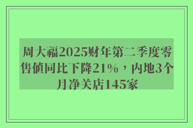 周大福2025财年第二季度零售值同比下降21%，内地3个月净关店145家