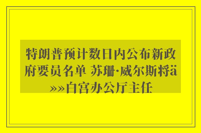 特朗普预计数日内公布新政府要员名单 苏珊·威尔斯将任白宫办公厅主任